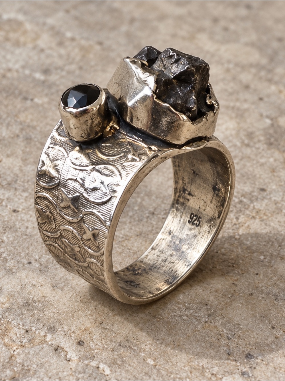 Sterling Silver Pyrite & Black CZ Ring
